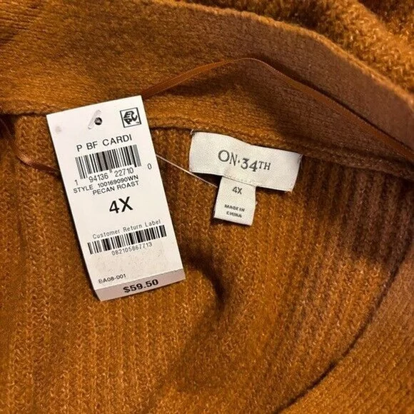 On 34th Plus Size Long Patch Chunky Knit Pocket Pecan Brown Cardigan NWT - Picture 6 of 6